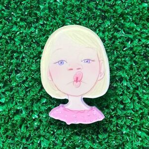 Blonde Girl Pursed Lip Bob Acrylic Pin/ Brooch